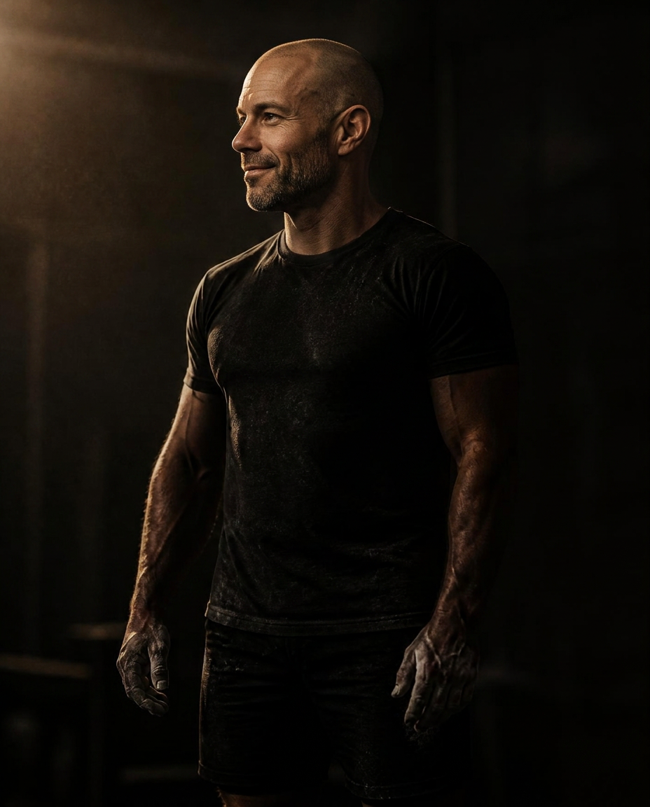 Luiz Guimaraes standing in profile with a slight smile in a dark training space